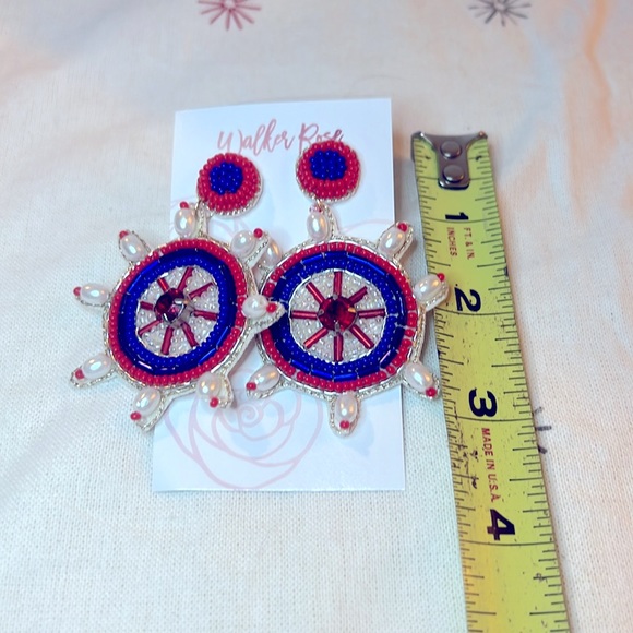 Red, White,& Blue Ship Wheel Beaded Earrings *NEW* - Picture 5 of 6